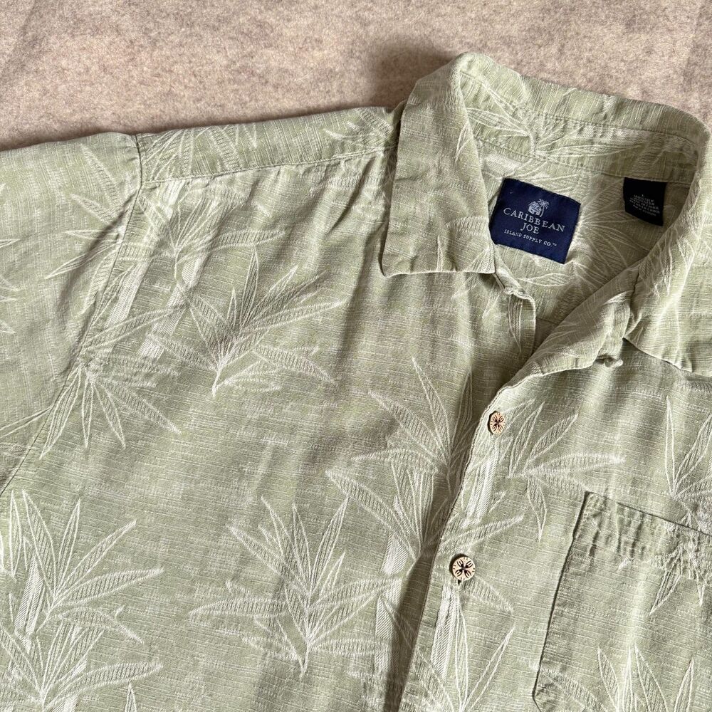 Caribbean Joe 100% silk camp shirt mens L green palm print loop collar tropical